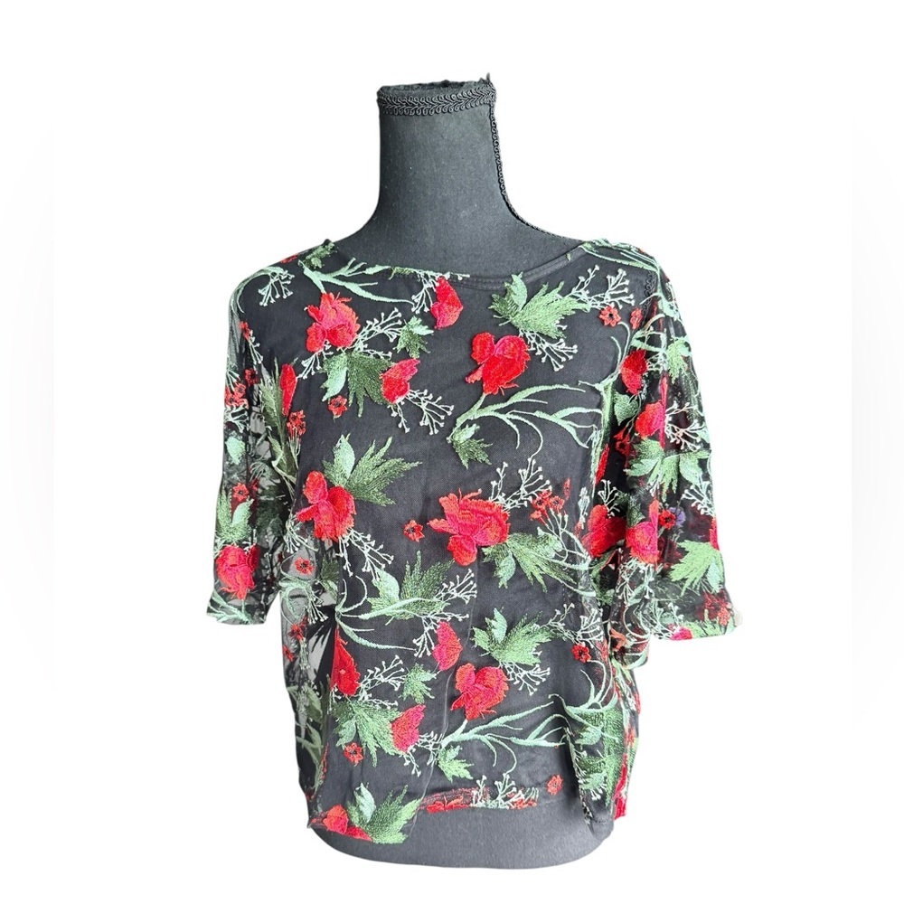 Potter’s Pot Black Sheer Embroidered Floral Mesh Top Blouse Size S H